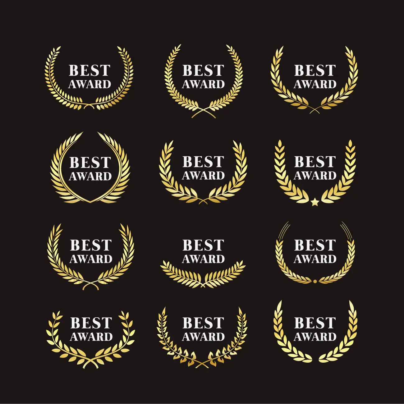 Twelve gold laurel wreath Best Award badges on a black background, each with a unique laurel design surrounding the text BEST AWARD in white capital letters.
