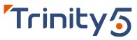 logo for trinity5 featuring the word trinity in blue letters with an orange triangle above the t and the number 5 in blue with an orange circle inside the lower curve of the 5.