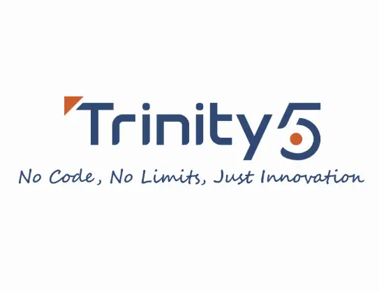 Logo for Trinity5 with stylized text and a tagline below that reads, No Code, No Limits, Just Innovation. The 5 has an orange dot, and there is an orange accent above the T.