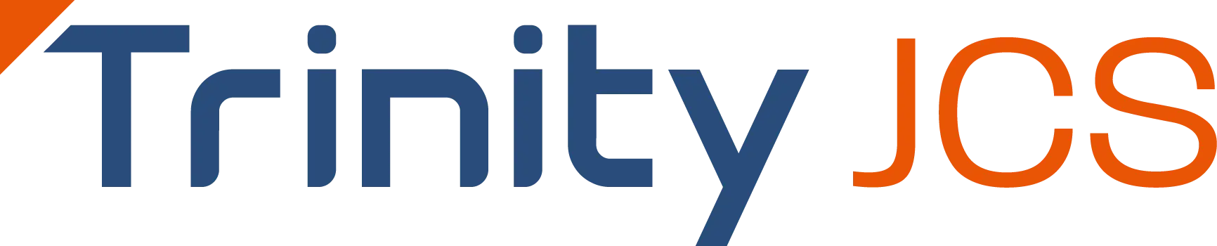 The image displays the text Trinity JCS with Trinity in blue and JCS in orange, using a modern, sans-serif font on a light gray background.