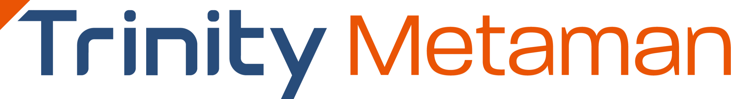 The image displays the text Trinity Metaman with Trinity in blue and Metaman in orange, both in a modern, sans-serif font on a light gray background.