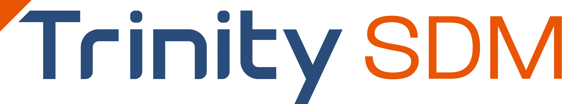 Logo with the word Trinity in blue and SDM in orange on a light gray background.