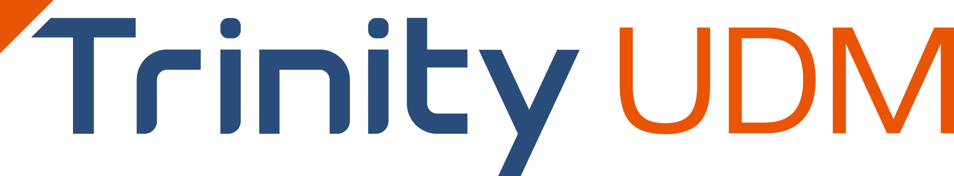 Logo with the words Trinity UDM; Trinity is in blue and UDM is in orange. The font is modern and bold, and the background is light gray.