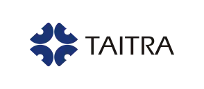 taitra logo featuring four navy blue abstract shapes forming a square pattern to the left of the word taitra in bold black uppercase letters on a light background.