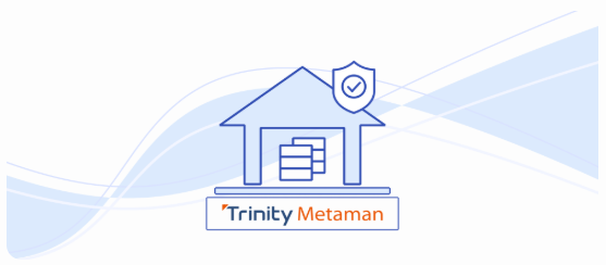 A simple illustration shows a house with servers inside and a shield with a check mark on the roof. “Trinity Metaman” is displayed below, highlighted by blue wavy lines in the background for added emphasis.