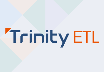 Logo with the text Trinity ETL in blue and orange letters on a light geometric background with a small orange triangle above the T.