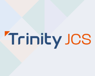 Logo with the text Trinity JCS, where Trinity is in blue and JCS is in orange. The background has overlapping geometric shapes in light blue and gray tones.