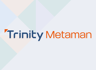 Logo displaying the words Trinity Metaman with Trinity in blue and Metaman in orange, set against a light geometric patterned background.