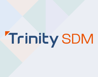 The image displays the logo for Trinity SDM, with Trinity in blue and SDM in orange, set against a light geometric background with soft pastel shapes.