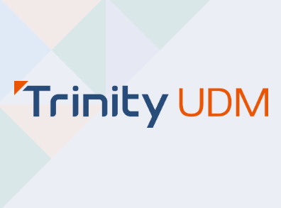 Trinity UDM logo with Trinity in blue and UDM in orange on a light geometric background.